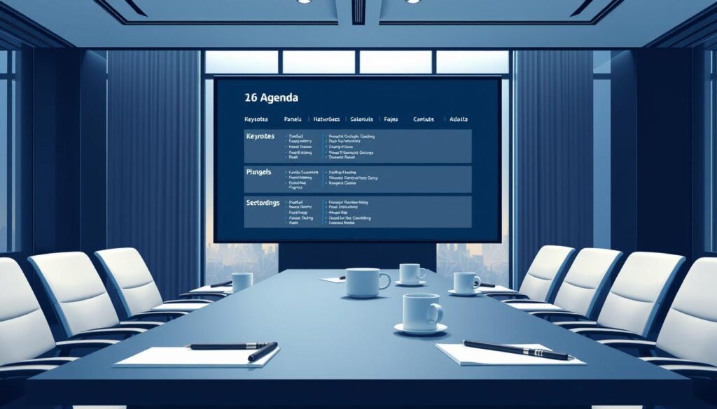 A visually appealing illustration of a balanced conference agenda structure, displayed on a large digital screen in a modern conference room. In the foreground, a sleek table is arranged with notepads, pens, and coffee cups, creating a professional setting. The middle ground features the digital screen showcasing a well-organized agenda, with sections clearly divided into time slots for keynotes, panels, and networking breaks, all in a cohesive color scheme. The background includes floor-to-ceiling windows with soft natural light streaming in, illuminating the room. The overall atmosphere is sophisticated and inviting, suggesting a productive and engaging conference environment for telecommunications professionals. The image captures a sense of collaboration and focus, with no people included in the scene. A visually appealing illustration of a balanced conference agenda structure, displayed on a large digital screen in a modern conference room. In the foreground, a sleek table is arranged with notepads, pens, and coffee cups, creating a professional setting. The middle ground features the digital screen showcasing a well-organized agenda, with sections clearly divided into time slots for keynotes, panels, and networking breaks, all in a cohesive color scheme. The background includes floor-to-ceiling windows with soft natural light streaming in, illuminating the room. The overall atmosphere is sophisticated and inviting, suggesting a productive and engaging conference environment for telecommunications professionals. The image captures a sense of collaboration and focus, with no people included in the scene.