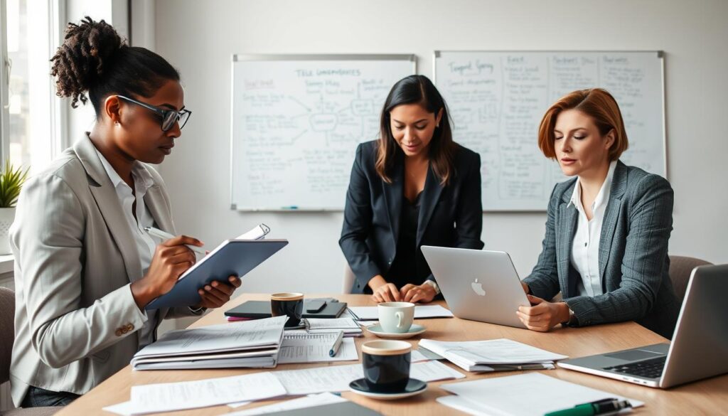 A well-organized workspace showing a diverse group of three professionals, a man and two women, engaged in preparation for a telecom panel discussion. In the foreground, one woman is jotting down notes in a planner, while the man reviews a presentation on a tablet. The other woman is discussing ideas, with a focused expression. In the middle, a large table is cluttered with papers, coffee cups, and a laptop. In the background, a whiteboard filled with brainstorming ideas is visible. Soft, natural lighting from a nearby window creates a calm and productive atmosphere, highlighting the intent focus of the group. The scene captures an essence of professionalism and collaboration in business attire. A well-organized workspace showing a diverse group of three professionals, a man and two women, engaged in preparation for a telecom panel discussion. In the foreground, one woman is jotting down notes in a planner, while the man reviews a presentation on a tablet. The other woman is discussing ideas, with a focused expression. In the middle, a large table is cluttered with papers, coffee cups, and a laptop. In the background, a whiteboard filled with brainstorming ideas is visible. Soft, natural lighting from a nearby window creates a calm and productive atmosphere, highlighting the intent focus of the group. The scene captures an essence of professionalism and collaboration in business attire.