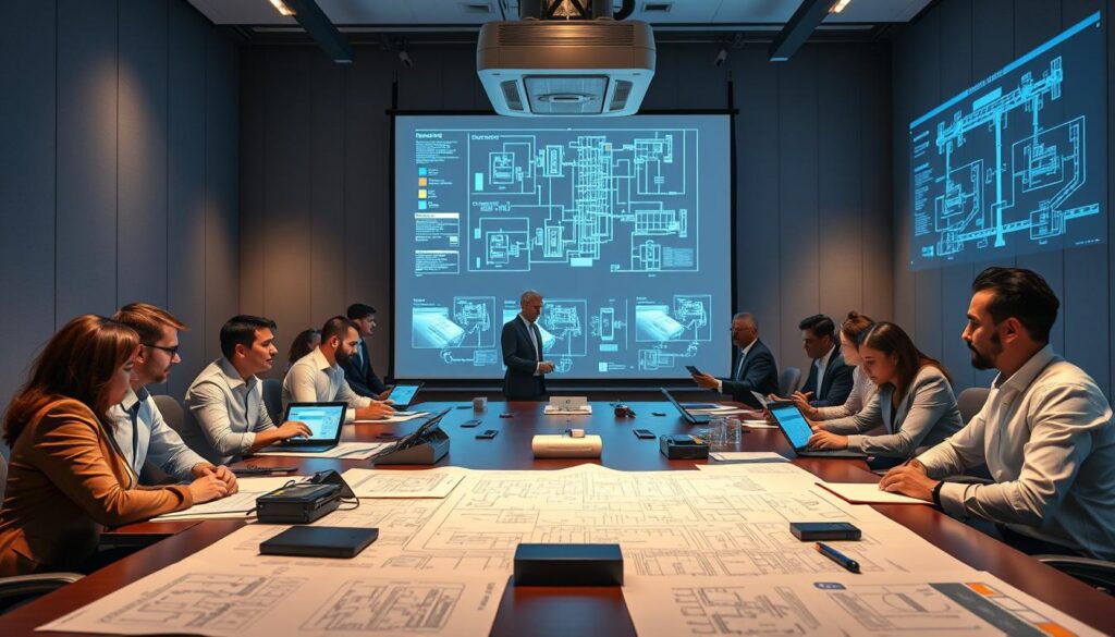 An expansive telecom conference setup focusing on infrastructure planning, featuring a large conference table at the forefront laden with blueprints and high-tech devices. In the middle ground, a diverse group of professionals, dressed in professional business attire, engaged in discussion and reviewing digital devices like tablets or laptops displaying complex network diagrams and data. The background showcases a sophisticated projector displaying schematics of telecom networks on a screen, with ambient lighting creating a professional atmosphere. The scene is illuminated softly to convey a sense of collaboration and innovation, capturing the essence of high-tech infrastructure planning in the telecommunications industry. An angle capturing both the professionals and the high-tech details ensures a comprehensive view.