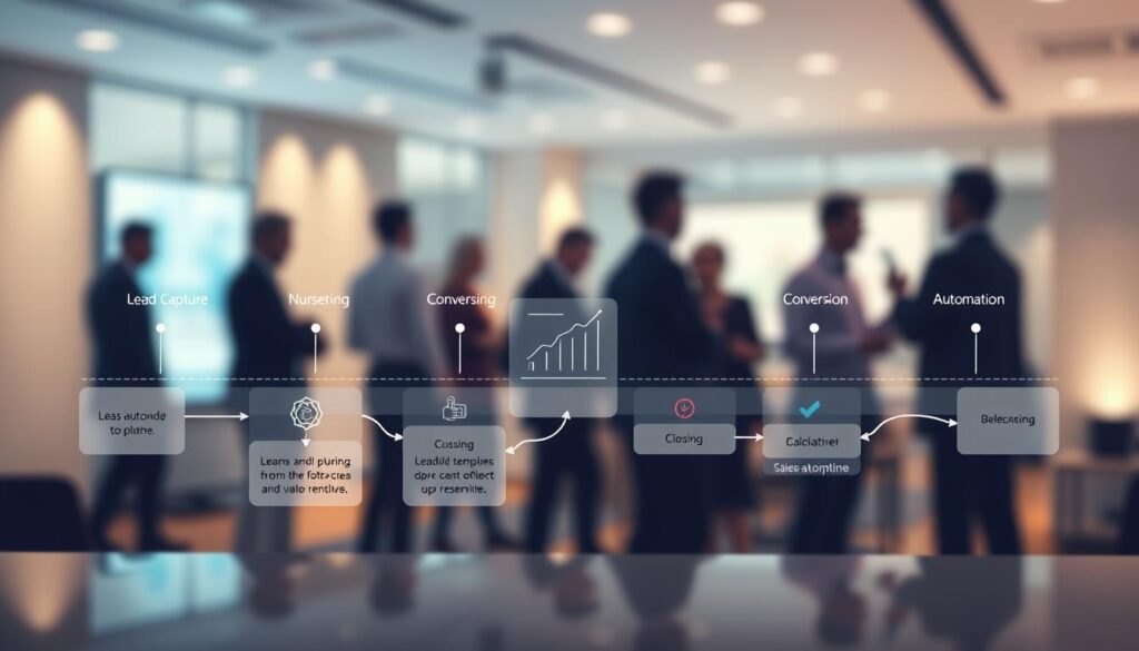 A clean, modern CRM follow-up pipeline visualization, emphasizing stages and automation templates. In the foreground, a sleek flowchart with interconnected nodes represents various stages: lead capture, nurturing, conversion, and closing. Each stage is visually distinct with varying colors and iconography, such as handshakes or checkmarks, symbolizing progress. The middle layer features subtle graphs or metrics that illustrate sales automation efficiency. In the background, a blurred office setting, hinting at a conference atmosphere with silhouettes of professionals networking. Soft, focused lighting highlights the flowchart, creating a dynamic yet professional atmosphere that captures the essence of effective CRM strategies in business. A clean, modern CRM follow-up pipeline visualization, emphasizing stages and automation templates. In the foreground, a sleek flowchart with interconnected nodes represents various stages: lead capture, nurturing, conversion, and closing. Each stage is visually distinct with varying colors and iconography, such as handshakes or checkmarks, symbolizing progress. The middle layer features subtle graphs or metrics that illustrate sales automation efficiency. In the background, a blurred office setting, hinting at a conference atmosphere with silhouettes of professionals networking. Soft, focused lighting highlights the flowchart, creating a dynamic yet professional atmosphere that captures the essence of effective CRM strategies in business.