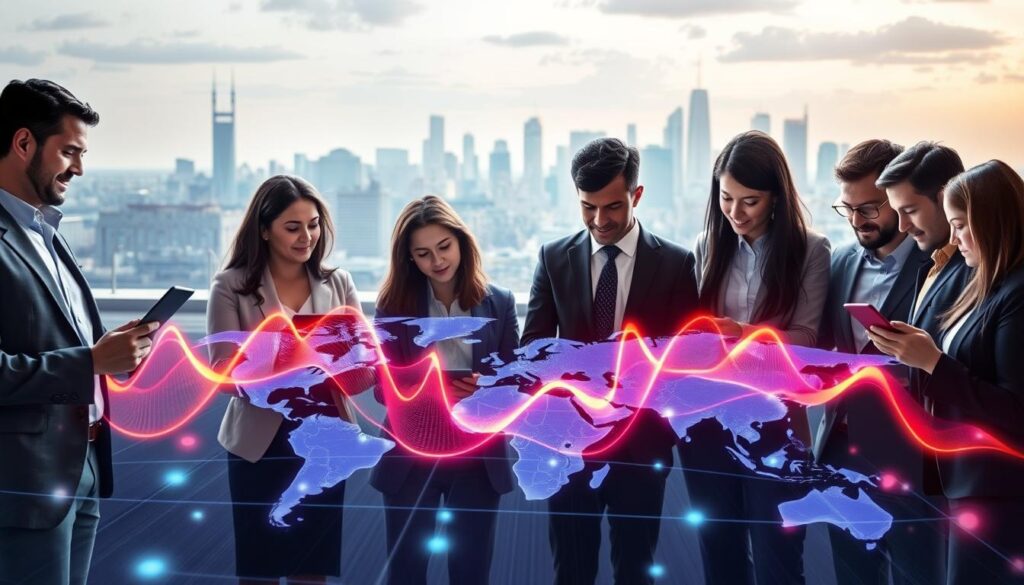 A concept illustration of "spectrum harmonization for cross-border roaming." In the foreground, a diverse group of business professionals in smart casual attire collaboratively discussing data on tablets and laptops, showcasing various communication devices. The middle ground features a digital map with interconnected lines representing global roaming networks, overlaid with vibrant waveforms depicting spectrum signals. The background includes a skyline of modern cityscapes, symbolizing international collaboration. Soft, dynamic lighting enhances a sense of innovation and cooperation, with lenses angled slightly upwards to convey hope and advancement. The overall atmosphere is vibrant and professional, radiating a spirit of teamwork and progress in the telecommunications sector. A concept illustration of "spectrum harmonization for cross-border roaming." In the foreground, a diverse group of business professionals in smart casual attire collaboratively discussing data on tablets and laptops, showcasing various communication devices. The middle ground features a digital map with interconnected lines representing global roaming networks, overlaid with vibrant waveforms depicting spectrum signals. The background includes a skyline of modern cityscapes, symbolizing international collaboration. Soft, dynamic lighting enhances a sense of innovation and cooperation, with lenses angled slightly upwards to convey hope and advancement. The overall atmosphere is vibrant and professional, radiating a spirit of teamwork and progress in the telecommunications sector.