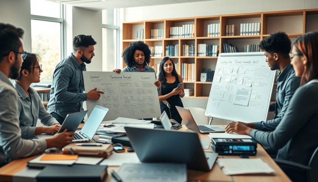 A detailed workspace setting showcasing a group of diverse university students collaborating on a capstone project related to telecom innovation. In the foreground, a table cluttered with laptops, technical diagrams, and notes, highlighting the terms of an intellectual property agreement. The students, dressed in professional attire, are engaged in a discussion, pointing at a large whiteboard filled with mind maps and project timelines. The middle ground features bookshelves filled with academic texts and research papers, while the background reveals a bright, modern university classroom with large windows allowing natural daylight to stream in, creating a vibrant atmosphere. The scene captures a sense of determination, innovation, and teamwork, with soft, diffused lighting for a warm and inviting mood.