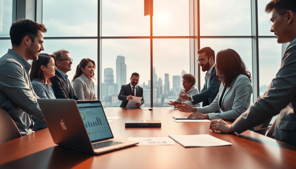 A diverse team of professionals, including university researchers and startup entrepreneurs, engaged in a collaborative session around a large conference table. In the foreground, there's a laptop displaying a joint grant application, surrounded by charts and documents. The middle ground features team members, dressed in professional business attire, discussing and sharing ideas animatedly. In the background, large windows reveal a modern urban skyline, symbolizing innovation and collaboration. The lighting is bright and inviting, creating a productive atmosphere. A wide-angle view captures the dynamic exchange and teamwork, emphasizing unity and the spirit of partnership in accelerating telecom innovation. The image has a warm tone, suggesting optimism and forward-thinking collaboration.