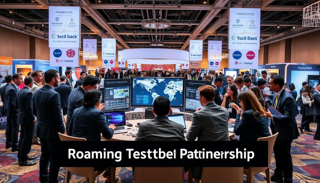 A dynamic scene illustrating a "Roaming Testbed Partnership" at a regional telecom conference. In the foreground, a diverse group of business professionals in smart attire are engaged in discussions, with a mix of laptops and devices on a round table. The middle ground features a high-tech setup with screens displaying network data and maps, surrounded by banners from various telecom companies showcasing collaboration. The background reveals a bustling conference hall filled with attendees networking, highlighted by bright smart lighting and decorative elements that enhance the tech theme. The atmosphere is collaborative and innovative, capturing the essence of industry partnerships, with a focus on connectivity and partnership-building vibes. The image should have a slight low-angle perspective, emphasizing the technological setup and the engaged professionals.