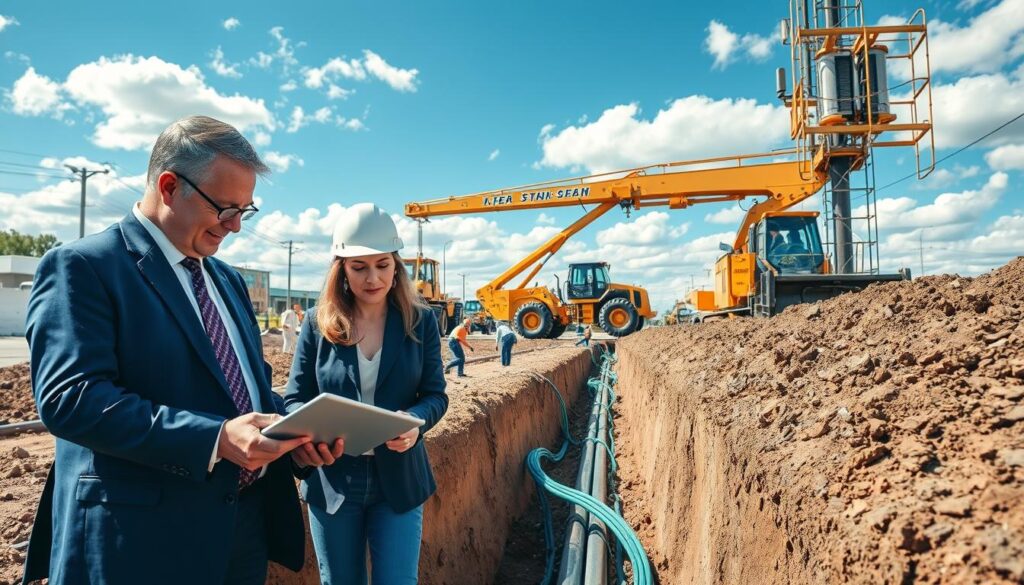 A dynamic scene showcasing a collaborative meeting between public officials and private telecom executives at a construction site, emphasizing the concept of "Dig-once & joint trench policies". In the foreground, two professionals, a man and a woman, are discussing plans over a digital tablet, both dressed in smart business attire. The middle layer features an open trench where utility workers are installing fiber optic cables alongside existing pipelines, highlighting teamwork and efficiency. The background displays machinery and construction equipment under bright daylight, with blue sky and scattered clouds, creating an atmosphere of progress and partnership. The overall mood is optimistic and forward-thinking, advocating for innovation in telecom infrastructure. The image should be vivid and detailed, capturing the essence of collaboration between public and private sectors.