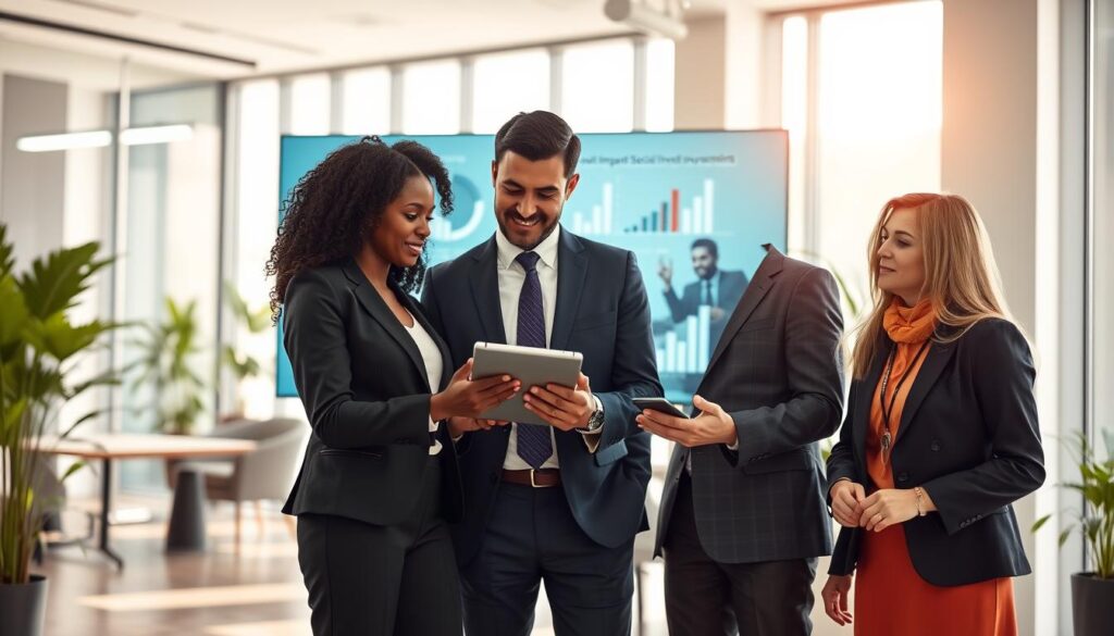 A modern office setting dedicated to corporate social responsibility (CSR) in telecommunications. In the foreground, a diverse group of three professionals (a Black woman, a Hispanic man, and a Caucasian woman) dressed in smart business attire, discussing impact measurement strategies while analyzing data on a tablet. The middle ground features a large transparent screen displaying graphs and statistics related to community investments. In the background, a sleek office design with green plants and soft lighting that creates a warm atmosphere, suggesting growth and positivity. Use a balanced composition with a slight focus on the foreground subjects, capturing a dynamic, collaborative mood, illuminated by soft, natural light filtering through large windows.