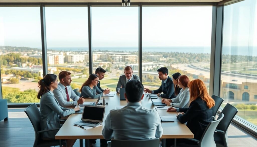 A professional meeting scene set at the University of California, San Diego (UCSD) showcasing international partnerships. In the foreground, a diverse group of professionals in business attire are engaged in a collaborative discussion around a large conference table, with laptops and charts scattered about. In the middle ground, large windows reveal the iconic UCSD campus and research facilities in a sunny, well-lit environment, symbolizing innovation and collaboration. The background features green landscaping and the ocean horizon, suggesting a global perspective. Soft, natural lighting creates an optimistic and focused atmosphere, capturing the spirit of cross-border partnerships and shared learning experiences in the field of telecommunications. The view is slightly elevated, taken from an angle that emphasizes the collaborative nature of the meeting. A professional meeting scene set at the University of California, San Diego (UCSD) showcasing international partnerships. In the foreground, a diverse group of professionals in business attire are engaged in a collaborative discussion around a large conference table, with laptops and charts scattered about. In the middle ground, large windows reveal the iconic UCSD campus and research facilities in a sunny, well-lit environment, symbolizing innovation and collaboration. The background features green landscaping and the ocean horizon, suggesting a global perspective. Soft, natural lighting creates an optimistic and focused atmosphere, capturing the spirit of cross-border partnerships and shared learning experiences in the field of telecommunications. The view is slightly elevated, taken from an angle that emphasizes the collaborative nature of the meeting.