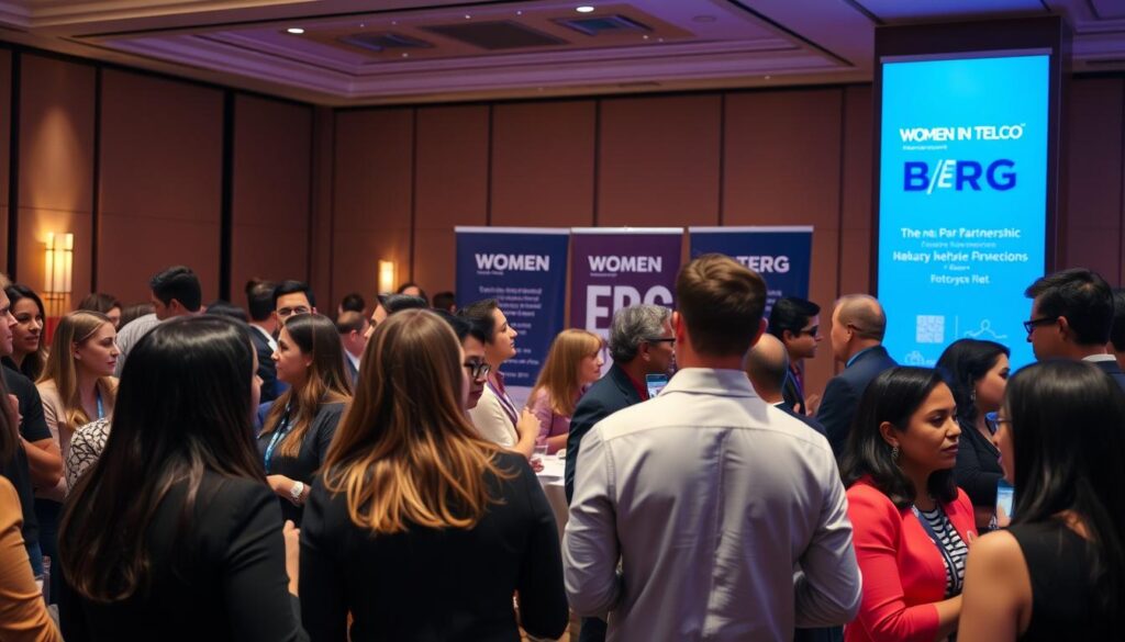 A professional networking event scene set in a modern conference hall, showcasing diverse groups of individuals engaged in discussion and collaboration. In the foreground, a mix of women and men in business attire converse animatedly, illustrating partnership and inclusivity within ERG networks. The middle ground features a prominent display showcasing banners for "Women in Telco" and B/ERG, emphasizing the theme of collaboration. The background includes elegant décor and soft lighting, creating a warm and inviting atmosphere. The perspective is slightly elevated, capturing the dynamic energy of the event. The overall mood is vibrant and inspiring, highlighting the importance of accessibility and equity in telecom industry partnerships.