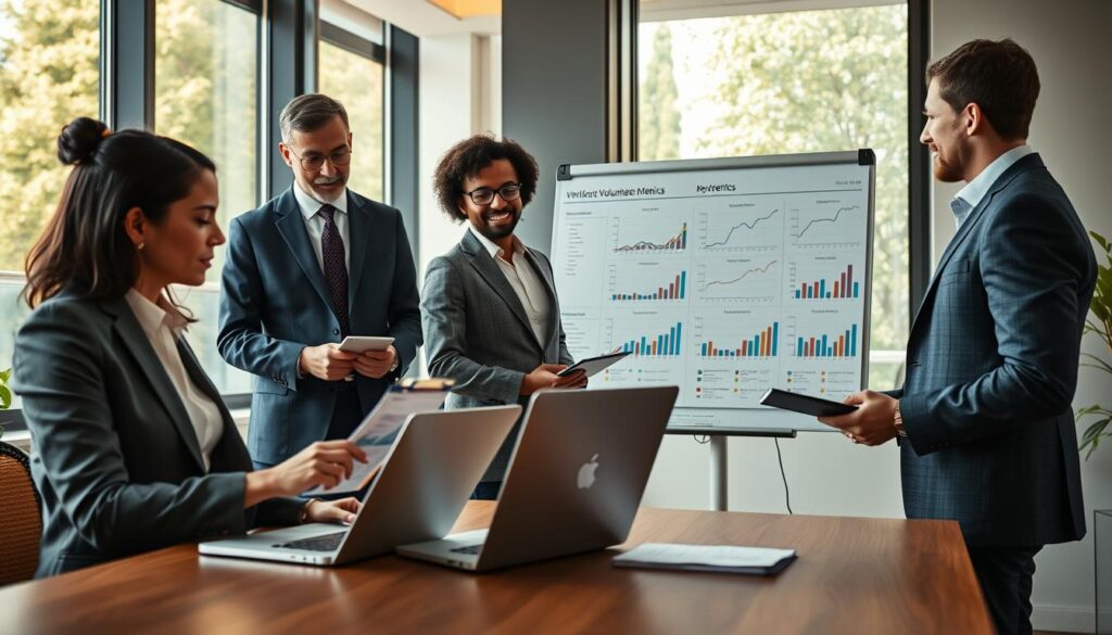 A professional office setting showcasing a diverse group of telecom professionals engaged in measuring the impact of mentorship and volunteer metrics. In the foreground, a woman in smart business attire is analyzing charts and graphs on a laptop, while a man, also in professional attire, takes notes on a clipboard. In the middle, a whiteboard filled with colorful data points and key metrics charts reflects their discussions on volunteerism. In the background, large windows let in warm, natural light, creating a bright, encouraging atmosphere. The overall mood is collaborative and focused, highlighting the importance of community engagement and professional growth. The perspective is a slightly elevated angle, capturing the dynamic exchange of ideas in this warm, inviting environment.
