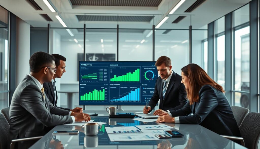 A professional setting illustrating the annual CSR planning cycle and budget for the telecom industry. In the foreground, a diverse group of business professionals in smart attire are engaged in a strategy meeting, analyzing charts and budgets on a modern conference table. In the middle ground, a digital dashboard showcases key performance indicators and graphs related to community investment initiatives, glowing softly with green and blue hues. The background features a sleek office environment with large windows, allowing natural light to flood the room, creating an optimistic atmosphere. The composition is shot from a slightly elevated angle, enhancing the sense of collaboration and focus. The overall mood is one of determination and forward-thinking, with a focus on impactful community investment strategies.