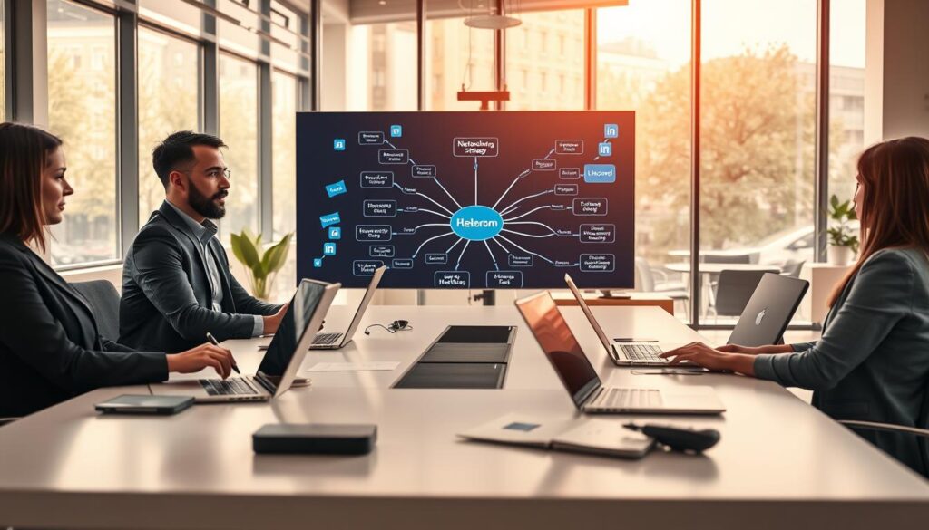 A vibrant and modern workspace depicting a strategic meeting among telecom professionals. In the foreground, a diverse group of four individuals dressed in professional business attire engage in discussion around a sleek table lined with laptops, notes, and devices representing Slack, Discord, and LinkedIn. In the middle ground, a large digital screen displays a visual mind map of networking strategies and platform options. The background features a contemporary office with large windows allowing natural light to flood the space, creating an inviting atmosphere. Soft, warm lighting enhances the sense of collaboration and innovation. The shot is taken from a slightly elevated angle, capturing both the participants and the screen, conveying a mood of inspiration and teamwork in building professional connections.