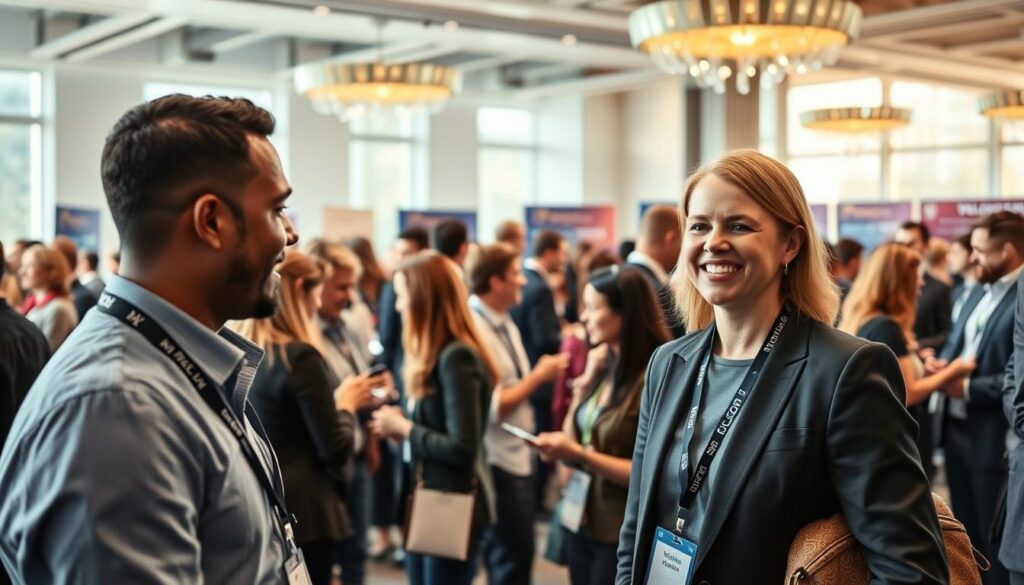 A vibrant conference scene focused on volunteer networking, featuring a diverse group of professionals in business attire actively engaged in conversation. In the foreground, a smiling volunteer wearing a branded lanyard is welcoming attendees, showcasing enthusiasm and friendliness. The middle ground displays small clusters of individuals exchanging business cards and sharing ideas, highlighting collaboration and connection. Soft, natural lighting filters through large windows, enhancing the positive ambience. The background features a beautifully decorated conference space with banners and networking tables, suggesting a professional environment. The overall mood is energetic and inviting, capturing the essence of growth and opportunities in volunteering at conferences, specifically for telecom professionals. The composition uses a slightly elevated angle to encompass the dynamic interactions and the welcoming atmosphere.
