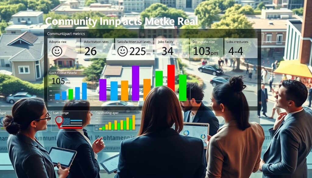 A vibrant data visualization scene demonstrating community impact metrics. In the foreground, a diverse group of professionals in business attire are engaged in discussion, surrounded by tablets and charts. The middle layer features colorful bar graphs illustrating key metrics such as adoption rates, satisfaction levels, and jobs created, with overlays of icons like happy faces and briefcase symbols. In the background, an urban community landscape showcases neighborhoods and public spaces with people interacting, symbolizing local engagement. The lighting is bright and inviting, capturing a sense of optimism and collaboration, with a slight tilt angle to convey dynamic activity. The overall mood should convey professionalism and a positive community impact. A vibrant data visualization scene demonstrating community impact metrics. In the foreground, a diverse group of professionals in business attire are engaged in discussion, surrounded by tablets and charts. The middle layer features colorful bar graphs illustrating key metrics such as adoption rates, satisfaction levels, and jobs created, with overlays of icons like happy faces and briefcase symbols. In the background, an urban community landscape showcases neighborhoods and public spaces with people interacting, symbolizing local engagement. The lighting is bright and inviting, capturing a sense of optimism and collaboration, with a slight tilt angle to convey dynamic activity. The overall mood should convey professionalism and a positive community impact.
