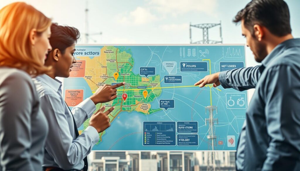 A vibrant, detailed stakeholder coordination map showcasing a collaborative scene among public and private sector representatives in telecommunications. In the foreground, diverse professionals dressed in business attire engage in discussion, pointing at a large, colorful map that outlines city infrastructure, DOT regulations, utilities, rail lines, and rights-of-way. The middle ground features a digital interface displaying data flow and project timelines, emphasizing connectivity and cooperation. The background includes an urban skyline with telephone poles and antennas, symbolizing the telecom industry. Soft, natural lighting creates an inviting atmosphere, while a slight tilt from a low angle enhances the sense of teamwork and urgency in the setting. The overall mood reflects professionalism, collaboration, and innovation in a dynamic environment.