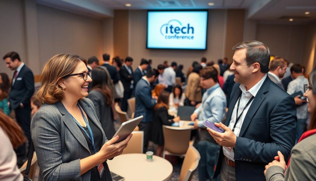 A vibrant scene at a regional tech networking event, featuring a diverse group of professionals in business attire engaged in animated conversations. In the foreground, a woman with glasses enthusiastically networking with a man who is holding a tablet, both smiling and exchanging business cards. In the middle background, small groups gathered around round tables discussing innovations in telecom, with laptops and coffee cups scattered about. The backdrop showcases a large projection screen displaying a tech conference logo, with soft ambient lighting that creates a warm and inviting atmosphere, highlighting the collaborative spirit of the event. The angle is slightly elevated, capturing a dynamic view of the bustling environment, with bright colors to evoke energy and excitement. A vibrant scene at a regional tech networking event, featuring a diverse group of professionals in business attire engaged in animated conversations. In the foreground, a woman with glasses enthusiastically networking with a man who is holding a tablet, both smiling and exchanging business cards. In the middle background, small groups gathered around round tables discussing innovations in telecom, with laptops and coffee cups scattered about. The backdrop showcases a large projection screen displaying a tech conference logo, with soft ambient lighting that creates a warm and inviting atmosphere, highlighting the collaborative spirit of the event. The angle is slightly elevated, capturing a dynamic view of the bustling environment, with bright colors to evoke energy and excitement.