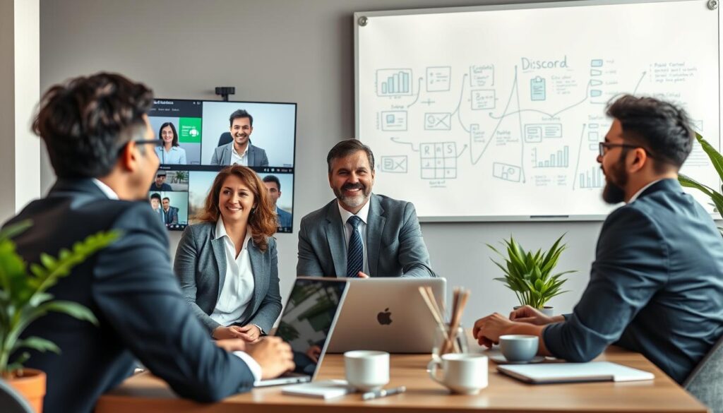 A vibrant scene depicting a professional environment focused on community management in telecom. In the foreground, a diverse group of individuals in professional business attire are engaged in a dynamic video call, displaying screens with Slack and Discord interfaces, showcasing teamwork and communication. The middle ground features a modern office setting with laptops, coffee cups, and plants, emphasizing a collaborative atmosphere. In the background, soft lighting highlights a whiteboard filled with brainstorming notes and charts, promoting the idea of maintaining momentum in professional networks. The overall mood is energetic and supportive, conveying a sense of connection and collaboration within the telecom industry, captured from a slightly elevated angle for a comprehensive view.