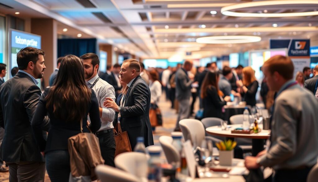 A vibrant telecom conference scene depicting strategic partner pipelines, featuring small-group huddles where professionals in business attire engage in focused discussions. In the foreground, a diverse group of individuals animatedly exchanging ideas, their expressions highlighting active collaboration. The middle ground showcases a busy hallway track, with attendees mingling and networking, while a dedicated hosted table area presents opportunities for deeper connections. Soft lighting enhances the atmosphere, giving the scene a warm and inviting feel. A wide-angle view captures the dynamics of interaction, with blurred background elements of bustling conference booths and informational displays. Overall, the image conveys a sense of energy, networking mastery, and industry camaraderie in an engaging telecom environment. A vibrant telecom conference scene depicting strategic partner pipelines, featuring small-group huddles where professionals in business attire engage in focused discussions. In the foreground, a diverse group of individuals animatedly exchanging ideas, their expressions highlighting active collaboration. The middle ground showcases a busy hallway track, with attendees mingling and networking, while a dedicated hosted table area presents opportunities for deeper connections. Soft lighting enhances the atmosphere, giving the scene a warm and inviting feel. A wide-angle view captures the dynamics of interaction, with blurred background elements of bustling conference booths and informational displays. Overall, the image conveys a sense of energy, networking mastery, and industry camaraderie in an engaging telecom environment.