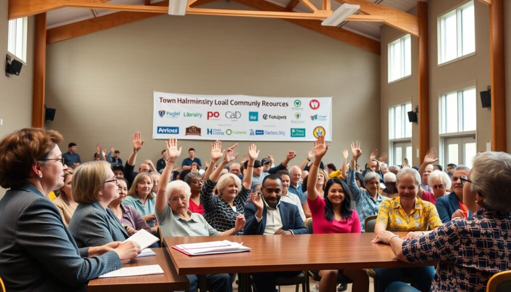 A vibrant town hall meeting set inside a large community center, filled with diverse attendees engaged in discussion. In the foreground, a panel of three professionals in business attire – two women and one man – is seated at a wooden table, actively listening and holding notepads. Middle ground features community members, including seniors and families, raising their hands to contribute ideas, reflecting an atmosphere of collaboration and inclusiveness. The background displays a banner highlighting local community resources with representative logos of libraries and schools. Natural lighting floods the room through large windows, creating a warm, welcoming ambiance. The angle captures the entire scene from a slight elevation, emphasizing the interaction and engagement of participants in a communal setting. A vibrant town hall meeting set inside a large community center, filled with diverse attendees engaged in discussion. In the foreground, a panel of three professionals in business attire – two women and one man – is seated at a wooden table, actively listening and holding notepads. Middle ground features community members, including seniors and families, raising their hands to contribute ideas, reflecting an atmosphere of collaboration and inclusiveness. The background displays a banner highlighting local community resources with representative logos of libraries and schools. Natural lighting floods the room through large windows, creating a warm, welcoming ambiance. The angle captures the entire scene from a slight elevation, emphasizing the interaction and engagement of participants in a communal setting.