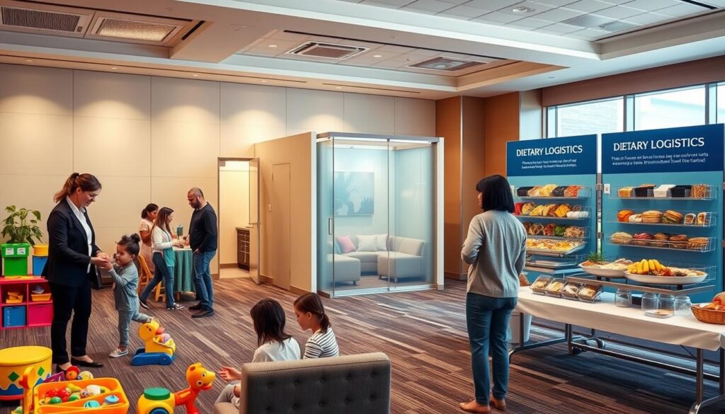A well-organized event space designed for inclusivity, featuring a dedicated childcare area with colorful toys and comfortable seating. In the foreground, a professional woman in business attire assists a child as parents engage with childcare providers, all communicating warmly. The middle layer shows a nursing room equipped with cozy furnishings and privacy screens, creating a calming atmosphere. On one side, there's a dietary logistics station displaying diverse meal options, highlighting accessibility for various dietary needs. The background features soft, ambient lighting with natural light streaming in through large windows. The scene captures a welcoming and equitable environment, emphasizing the importance of accessibility in event logistics, with a focus on family-friendly amenities.