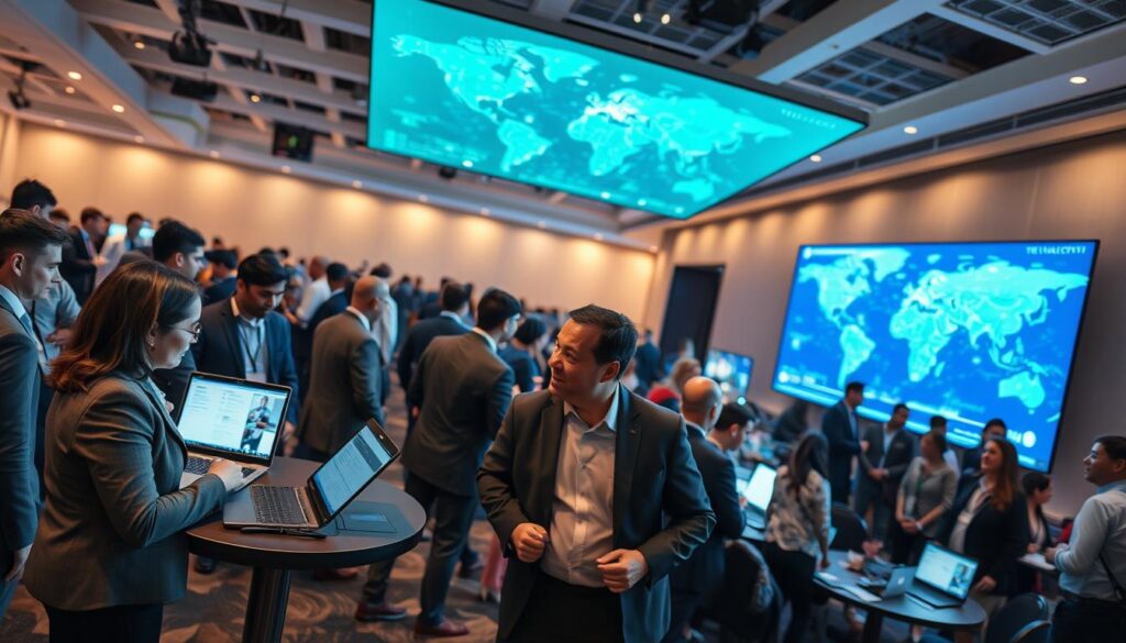 A bustling hybrid telecom networking event featuring a diverse group of professionals in business attire, engaged in animated discussions about virtual networking tools. In the foreground, a small round table with laptops and digital tablets, where two individuals, a woman and a man, are sharing ideas. The middle ground showcases clusters of small groups conversing, with some attendees using laptops to connect with virtual participants. In the background, a large screen displays a vibrant digital map of global telecom connections, illuminated by soft blue and green lights. The atmosphere is dynamic and collaborative, exuding a sense of innovation and connectivity, with natural lighting accentuating the modern venue. The image should be shot with a wide-angle lens to capture the energetic environment.