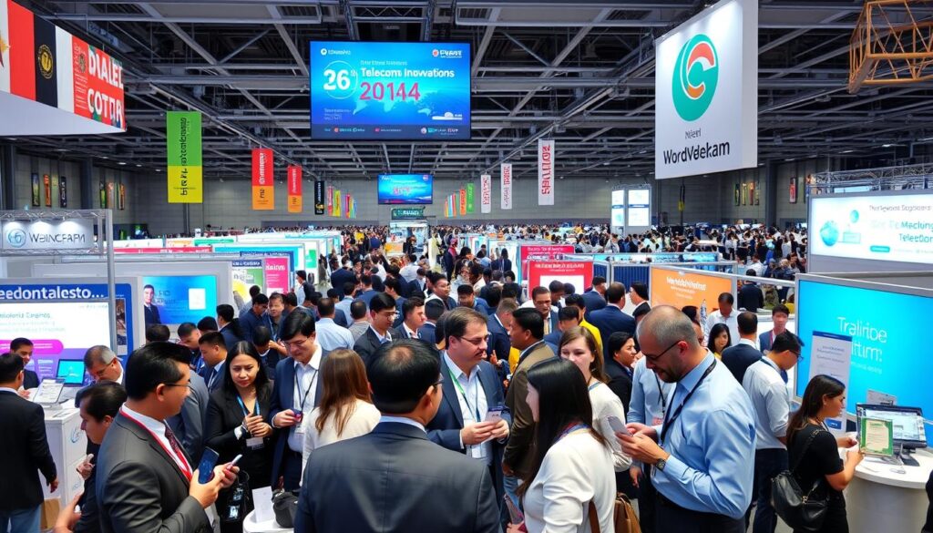 A bustling international telecom event filled with diverse professionals networking. In the foreground, a group of men and women in professional business attire engage in conversation, sharing ideas and exchanging business cards. The middle ground features colorful booths showcasing the latest telecom innovations, with banners representing various countries. The background displays a large screen highlighting global telecom statistics and an expansive hall filled with attendees. The lighting is bright and inviting, simulating a lively atmosphere with soft shadows. Capture this dynamic scene from a slightly elevated angle, emphasizing the energy of meaningful connections forming in a world-class venue. The overall mood is optimistic and collaborative, reflecting the importance of global networking in the telecom industry. A bustling international telecom event filled with diverse professionals networking. In the foreground, a group of men and women in professional business attire engage in conversation, sharing ideas and exchanging business cards. The middle ground features colorful booths showcasing the latest telecom innovations, with banners representing various countries. The background displays a large screen highlighting global telecom statistics and an expansive hall filled with attendees. The lighting is bright and inviting, simulating a lively atmosphere with soft shadows. Capture this dynamic scene from a slightly elevated angle, emphasizing the energy of meaningful connections forming in a world-class venue. The overall mood is optimistic and collaborative, reflecting the importance of global networking in the telecom industry.
