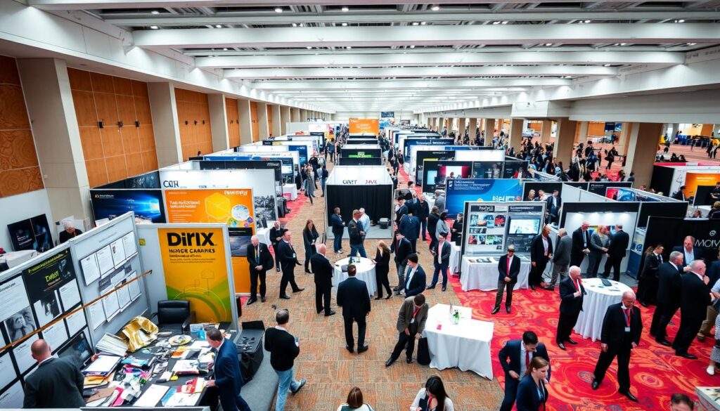 A busy conference exhibition hall filled with various booth setups illustrating common exhibiting mistakes to avoid. In the foreground, a poorly designed booth with cluttered signage and unprofessional presentations, showcasing a lack of organization. The middle section highlights a booth with empty tables and minimal interaction, while another space features an overcrowded booth with too many distractions. In the background, attendees in professional business attire meander through aisles, engaged in conversations, emphasizing networking opportunities. The lighting is bright and even, simulating natural daylight, with a wide-angle view to capture the entire atmosphere. The mood conveys a sense of urgency and the importance of effective exhibiting practices, emphasizing common errors that can diminish visibility and engagement at telecom events.