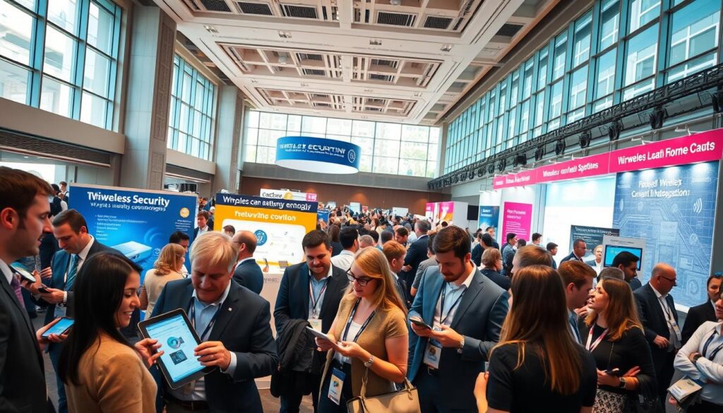 A dynamic and engaging scene of a wireless security networking event, set in a spacious, modern conference hall. In the foreground, a diverse group of professionals, including men and women in business attire, actively engage in discussions while examining tablets and smartphones that display network data. In the middle ground, sleek booths showcase the latest wireless security technologies, with vibrant banners highlighting key innovations. The background features large windows allowing natural light to flood the venue, accentuating the bustling atmosphere filled with networking opportunities. A warm, professional ambiance is created by soft lighting and inviting colors, reflecting the collaborative spirit of the telecom industry. The angle captures both the energy of the crowd and the details of the technological exhibits, inviting viewers to immerse themselves in the event's collaborative environment. A dynamic and engaging scene of a wireless security networking event, set in a spacious, modern conference hall. In the foreground, a diverse group of professionals, including men and women in business attire, actively engage in discussions while examining tablets and smartphones that display network data. In the middle ground, sleek booths showcase the latest wireless security technologies, with vibrant banners highlighting key innovations. The background features large windows allowing natural light to flood the venue, accentuating the bustling atmosphere filled with networking opportunities. A warm, professional ambiance is created by soft lighting and inviting colors, reflecting the collaborative spirit of the telecom industry. The angle captures both the energy of the crowd and the details of the technological exhibits, inviting viewers to immerse themselves in the event's collaborative environment.
