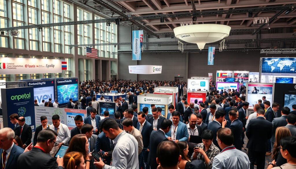 A dynamic scene depicting a worldwide networking conference, filled with professionals engaged in discussions and exchanging ideas. In the foreground, a diverse group of individuals in business attire passionately converses over laptops and tablets. The middle ground showcases various presentation booths adorned with high-tech displays and banners representing different countries and telecom companies. The background features a spacious convention center with large windows letting in soft, warm natural light, creating a lively atmosphere. A wide-angle perspective captures the bustling crowd, emphasizing the global nature of the event. Subtle details like flags from various nations and digital networking maps enhance the international theme, conveying a sense of collaboration and innovation in the telecom industry. A dynamic scene depicting a worldwide networking conference, filled with professionals engaged in discussions and exchanging ideas. In the foreground, a diverse group of individuals in business attire passionately converses over laptops and tablets. The middle ground showcases various presentation booths adorned with high-tech displays and banners representing different countries and telecom companies. The background features a spacious convention center with large windows letting in soft, warm natural light, creating a lively atmosphere. A wide-angle perspective captures the bustling crowd, emphasizing the global nature of the event. Subtle details like flags from various nations and digital networking maps enhance the international theme, conveying a sense of collaboration and innovation in the telecom industry.