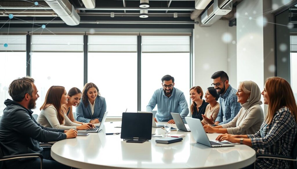 A modern office setting with diverse professionals, both men and women, engaged in animated discussions and collaborative work. In the foreground, a multi-ethnic group gathers around a sleek conference table covered with laptops, tablets, and digital devices, showcasing their shared ideas. The middle ground features a large window allowing soft natural light to illuminate the room, highlighting their expressions of excitement and motivation. In the background, abstract telecom network visuals—wires, signals, and connections—float subtly, representing their ongoing conversations developing into opportunities. The atmosphere is dynamic and focused, with a sense of collaboration and innovation. Shot with a standard lens to create a slightly shallow depth of field, emphasizing the group while blurring the network visuals for added effect.