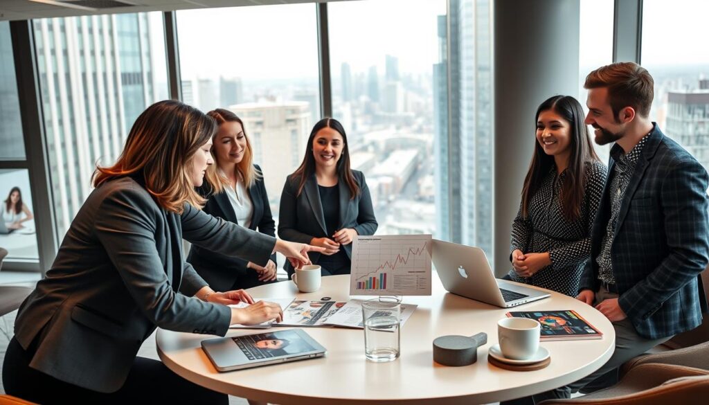 A professional networking event in a modern telecom office, showcasing a diverse group of four individuals engaged in mentorship discussions. In the foreground, a middle-aged woman in business attire leans over a laptop, pointing at a graph, surrounded by three attentive young professionals dressed in smart casual clothing. The middle of the image features a stylish round table with telecom brochures, laptops, and coffee cups. The background includes large windows revealing a busy cityscape with soft natural light filtering in, creating an inviting atmosphere. The mood is collaborative and inspiring, emphasizing growth and connection among the participants. Use a slightly elevated angle to capture the dynamics of the interactions, focusing on expressions of engagement and curiosity. A professional networking event in a modern telecom office, showcasing a diverse group of four individuals engaged in mentorship discussions. In the foreground, a middle-aged woman in business attire leans over a laptop, pointing at a graph, surrounded by three attentive young professionals dressed in smart casual clothing. The middle of the image features a stylish round table with telecom brochures, laptops, and coffee cups. The background includes large windows revealing a busy cityscape with soft natural light filtering in, creating an inviting atmosphere. The mood is collaborative and inspiring, emphasizing growth and connection among the participants. Use a slightly elevated angle to capture the dynamics of the interactions, focusing on expressions of engagement and curiosity.