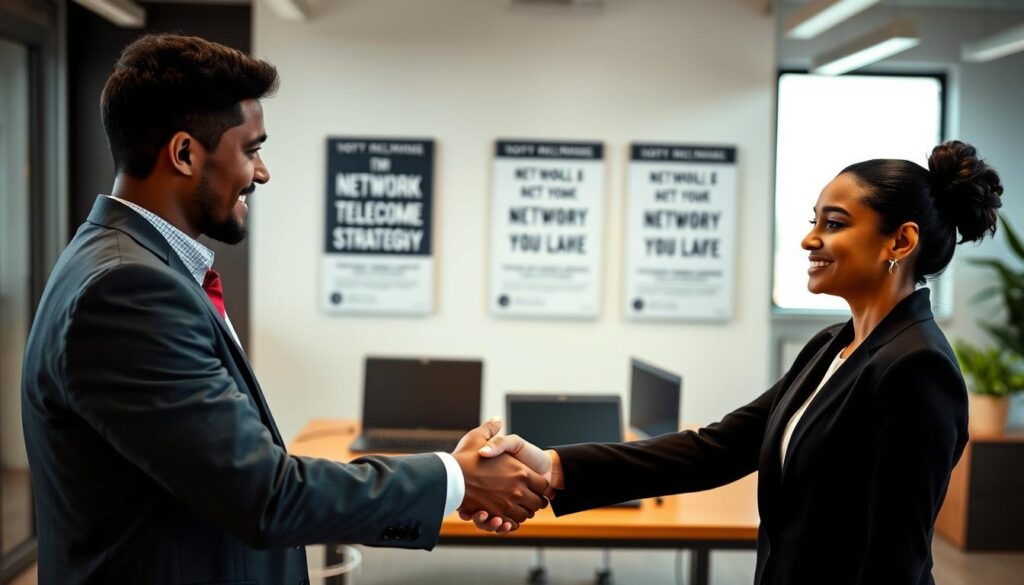 A professional setting showcasing two telecom professionals engaged in a warm handshake, symbolizing a proper introduction. The foreground features a diverse male and female duo, dressed in smart business attire, smiling and making eye contact, conveying confidence and approachability. In the middle, a modern office environment with networking-related equipment subtly arranged on a desk, like laptops and routers. The background should include a bright, well-lit office space with motivational posters about networking and communication strategies. Use soft, natural lighting to create an inviting atmosphere, with the camera angle slightly elevated to capture both the subjects and the workspace harmoniously. Aim for a polished and professional mood that emphasizes connection and professional growth in the telecom industry. A professional setting showcasing two telecom professionals engaged in a warm handshake, symbolizing a proper introduction. The foreground features a diverse male and female duo, dressed in smart business attire, smiling and making eye contact, conveying confidence and approachability. In the middle, a modern office environment with networking-related equipment subtly arranged on a desk, like laptops and routers. The background should include a bright, well-lit office space with motivational posters about networking and communication strategies. Use soft, natural lighting to create an inviting atmosphere, with the camera angle slightly elevated to capture both the subjects and the workspace harmoniously. Aim for a polished and professional mood that emphasizes connection and professional growth in the telecom industry.