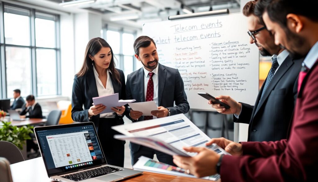 A professional, well-organized workspace featuring multiple individuals in business attire engaged in a discussion about selecting telecom events. In the foreground, a diverse group of three professionals—one woman and two men—are examining event brochures and a laptop displaying a calendar of upcoming telecom conferences. In the middle, a large whiteboard is visible, filled with notes and criteria for choosing the right event, such as networking opportunities, speaker quality, and location. The background includes a modern office setting with large windows allowing natural light to flood the room, creating a productive atmosphere. The overall mood is focused and collaborative, emphasizing thoughtful decision-making in the telecom industry. A professional, well-organized workspace featuring multiple individuals in business attire engaged in a discussion about selecting telecom events. In the foreground, a diverse group of three professionals—one woman and two men—are examining event brochures and a laptop displaying a calendar of upcoming telecom conferences. In the middle, a large whiteboard is visible, filled with notes and criteria for choosing the right event, such as networking opportunities, speaker quality, and location. The background includes a modern office setting with large windows allowing natural light to flood the room, creating a productive atmosphere. The overall mood is focused and collaborative, emphasizing thoughtful decision-making in the telecom industry.
