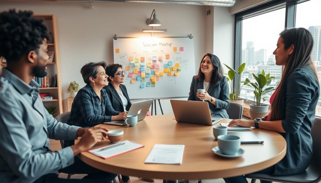 A vibrant and inviting scene showcasing a diverse group of individuals in a bright, modern co-working space as they plan a telecom meetup. In the foreground, a round table filled with notepads, laptops, and coffee cups, where a trio of professionals, dressed in smart casual attire, discuss ideas enthusiastically. In the middle ground, a large whiteboard displaying brainstorming notes and colorful post-it flags, emphasizing creativity and collaboration. Soft, warm lighting illuminates the space, creating a welcoming atmosphere. In the background, shelves filled with books and plants add a touch of warmth, while large windows reveal a bustling cityscape, symbolizing community engagement. The overall mood is positive, energetic, and conducive to networking and connection-building.
