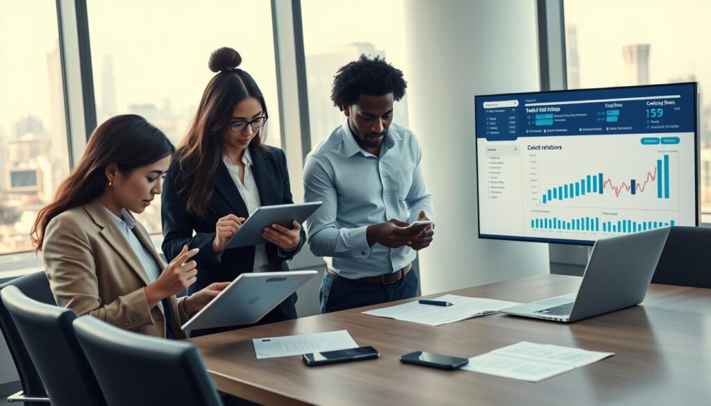 A visually engaging scene depicting a diverse group of professionals in a stylish modern office setting, carefully tracking telecom relationships on digital devices and large screens. In the foreground, an Asian woman in a smart blazer reviews data on a tablet, while a Black man in a crisp shirt analyzes charts displayed on a laptop. In the middle ground, a well-furnished conference table with paperwork and a smartphone symbolizes ongoing communication. The background features large windows showing a bustling city skyline under soft daylight, creating a bright and optimistic atmosphere. The overall mood is one of collaboration and professionalism, evoking a sense of progress and connectivity in the telecom industry. Shot with a wide-angle lens to capture the entire environment, highlighting teamwork and focus without any text or distractions.