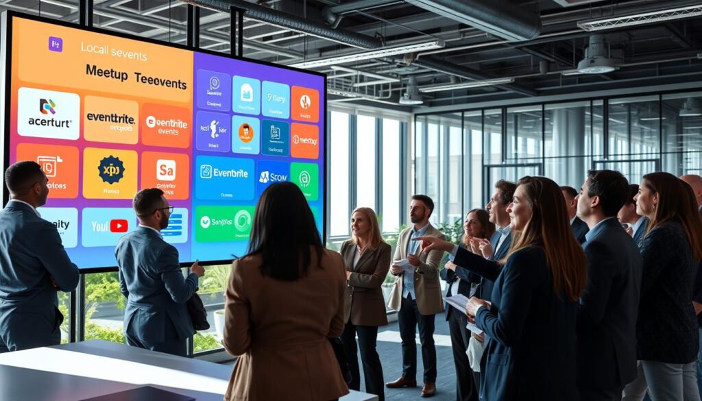 An expansive workspace featuring a large display screen showcasing various platforms for local tech events, such as Meetup, Eventbrite, and Facebook Events, with vibrant colors and dynamic interface designs. In the foreground, a diverse group of professionals in business attire engage in animated discussions, pointing at the screen while taking notes. The middle ground shows a sleek, modern office with glass walls, encouraging collaboration. In the background, natural light floods the room, creating a bright and inviting atmosphere that emphasizes networking and community. Capture this scene from a slightly elevated angle, using soft lighting to evoke a sense of enthusiasm and innovation in the tech industry.