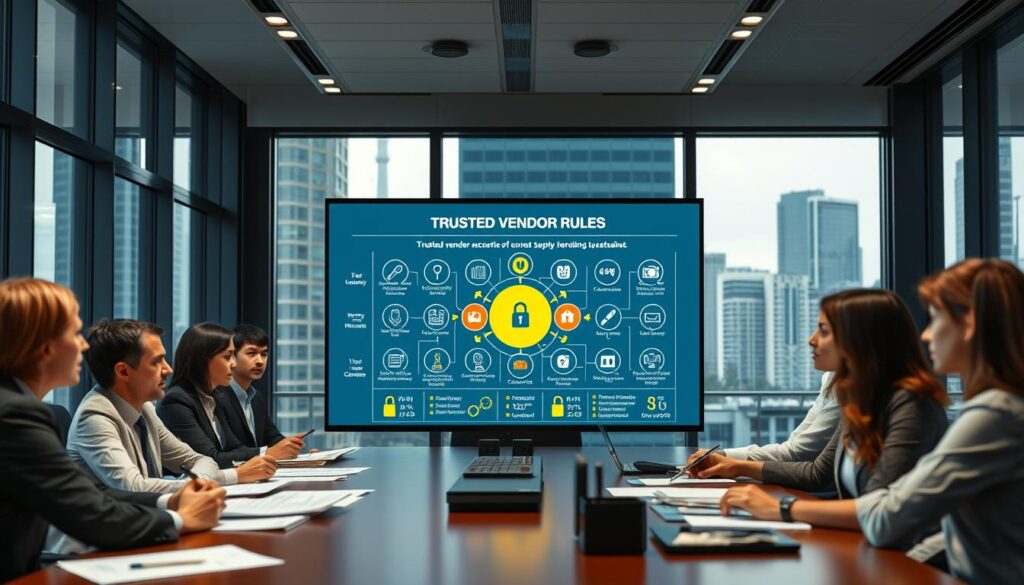A corporate boardroom setting showcasing the concept of telecom security and trusted vendor rules. In the foreground, a diverse group of professionals in business attire is engaged in a discussion, analyzing charts and documents related to security protocols and supply chain management. The middle ground features a large digital display showing an infographic of trusted vendor guidelines, illustrated with icons representing security measures and compliance standards. In the background, large windows let in natural light, providing a modern cityscape view. The atmosphere is serious yet focused, reflecting the importance of security in telecommunications. The scene is well-lit with soft, diffused lighting to create a professional ambiance, captured with a slight angled perspective to add depth. A corporate boardroom setting showcasing the concept of telecom security and trusted vendor rules. In the foreground, a diverse group of professionals in business attire is engaged in a discussion, analyzing charts and documents related to security protocols and supply chain management. The middle ground features a large digital display showing an infographic of trusted vendor guidelines, illustrated with icons representing security measures and compliance standards. In the background, large windows let in natural light, providing a modern cityscape view. The atmosphere is serious yet focused, reflecting the importance of security in telecommunications. The scene is well-lit with soft, diffused lighting to create a professional ambiance, captured with a slight angled perspective to add depth.