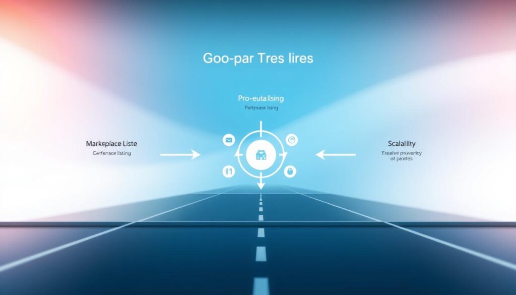 A detailed infographic portraying a comparison of partnership go-to-market routes, specifically highlighting marketplace listing, co-sell, and OEM strategies. In the foreground, illustrate three distinct pathways with arrows connecting them, each pathway labeled with icons representing pros and cons such as efficiency, profitability, and scalability. The middle section should contain a stylized chart or diagram that visually contrasts the benefits and drawbacks of each route. In the background, use a gradient of soft blue and white tones to evoke a professional atmosphere. Soft lighting should enhance the clarity of the graphic elements. The viewpoint should be slightly elevated to provide a comprehensive look at the pathways. Overall, the mood should be analytical and business-oriented, suitable for a corporate audience. A detailed infographic portraying a comparison of partnership go-to-market routes, specifically highlighting marketplace listing, co-sell, and OEM strategies. In the foreground, illustrate three distinct pathways with arrows connecting them, each pathway labeled with icons representing pros and cons such as efficiency, profitability, and scalability. The middle section should contain a stylized chart or diagram that visually contrasts the benefits and drawbacks of each route. In the background, use a gradient of soft blue and white tones to evoke a professional atmosphere. Soft lighting should enhance the clarity of the graphic elements. The viewpoint should be slightly elevated to provide a comprehensive look at the pathways. Overall, the mood should be analytical and business-oriented, suitable for a corporate audience.