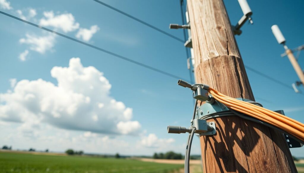 A detailed view of utility pole attachments in a rural setting, showcasing various equipment such as fiber optic cables, antennas, and power lines. In the foreground, focus on a sturdy wooden utility pole with metal bracket attachments holding fiber cables securely. The middle ground features a clear blue sky contrasted by billowing white clouds, while rural greenery and fields extend into the background. The lighting is bright and natural, suggesting midday sun, which casts soft shadows on the ground. The composition is slightly angled upward to emphasize the intricacies of the attachments, creating a feeling of depth and professionalism. The atmosphere conveys a sense of connectivity and the importance of technological infrastructure in rural areas.