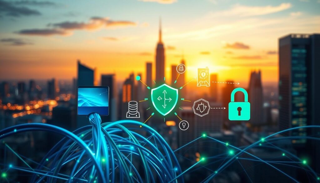 A dynamic composition illustrating a conceptual bundling of broadband, mobile, content, and security within the telecommunications industry. In the foreground, showcase an abstract representation of intertwined cables and digital screens, symbolizing broadband and mobile connectivity, radiating vibrant blue and green colors. In the middle ground, depict stylized icons representing content delivery (like streaming services) and security (like shields and locks), creating a cohesive network. The background should feature a futuristic city skyline under a dusk sky, bathed in warm golden light to evoke optimism and technological advancement. Use a slightly elevated angle to emphasize connections and interactions among elements while ensuring a professional atmosphere that aligns with business context. A dynamic composition illustrating a conceptual bundling of broadband, mobile, content, and security within the telecommunications industry. In the foreground, showcase an abstract representation of intertwined cables and digital screens, symbolizing broadband and mobile connectivity, radiating vibrant blue and green colors. In the middle ground, depict stylized icons representing content delivery (like streaming services) and security (like shields and locks), creating a cohesive network. The background should feature a futuristic city skyline under a dusk sky, bathed in warm golden light to evoke optimism and technological advancement. Use a slightly elevated angle to emphasize connections and interactions among elements while ensuring a professional atmosphere that aligns with business context.
