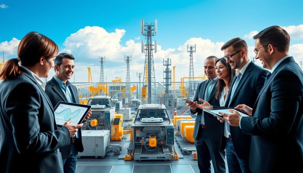 A dynamic, high-tech scene illustrating the concept of a CBRS spectrum choice for a private 5G network. In the foreground, a diverse group of professionals in business attire, engaged in a discussion while reviewing digital tablets displaying complex spectrum graphs and network diagrams. The middle ground features a modern factory floor, showcasing advanced machinery equipped with 5G technology, surrounded by wireless antennae indicating the CBRS spectrum use. In the background, a clear blue sky contrasts with the industrial setting, with clouds subtly symbolizing connectivity and innovation. The lighting is bright and professional, evoking a sense of opportunity and growth, with a slight lens blur on the distant elements to draw focus to the forefront discussion.