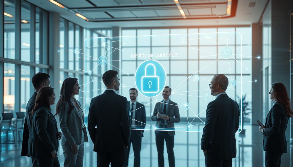 A futuristic digital landscape showcasing the convergence of SD-WAN and SASE in a professional setting. In the foreground, a diverse group of network engineers, dressed in smart business attire, engage in a collaborative discussion around a holographic display illustrating the “identity as control plane” concept. The middle ground features interconnected networks symbolized by glowing lines and nodes, representing secure data flow and zero trust principles. In the background, a modern office environment with large windows and sleek architecture, with soft lighting casting a warm glow. The mood is innovative and dynamic, emphasizing technological advancement in networking. Use a wide-angle perspective to capture the depth and complexity of the scene, maintaining a clean, professional aesthetic. A futuristic digital landscape showcasing the convergence of SD-WAN and SASE in a professional setting. In the foreground, a diverse group of network engineers, dressed in smart business attire, engage in a collaborative discussion around a holographic display illustrating the “identity as control plane” concept. The middle ground features interconnected networks symbolized by glowing lines and nodes, representing secure data flow and zero trust principles. In the background, a modern office environment with large windows and sleek architecture, with soft lighting casting a warm glow. The mood is innovative and dynamic, emphasizing technological advancement in networking. Use a wide-angle perspective to capture the depth and complexity of the scene, maintaining a clean, professional aesthetic.