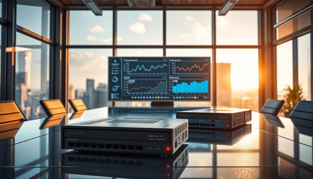 A futuristic office environment showcasing multi-cloud networking gateways in a dynamic layout. In the foreground, sleek, modular networking devices with LED indicators, representing various cloud connections, are positioned on a polished conference table. The middle ground features a digital display board displaying graphs and data analytics regarding network performance and policy synchronization. In the background, large windows reveal a cityscape illuminated by an afternoon sun, casting soft shadows within the room. Use a warm color palette to convey a collaborative atmosphere, with bright and focused lighting on the devices and the display board. The scene should suggest innovation and connectivity, reflecting the evolving landscape of enterprise networking technologies. No people are included in the image, keeping the focus on the technology. A futuristic office environment showcasing multi-cloud networking gateways in a dynamic layout. In the foreground, sleek, modular networking devices with LED indicators, representing various cloud connections, are positioned on a polished conference table. The middle ground features a digital display board displaying graphs and data analytics regarding network performance and policy synchronization. In the background, large windows reveal a cityscape illuminated by an afternoon sun, casting soft shadows within the room. Use a warm color palette to convey a collaborative atmosphere, with bright and focused lighting on the devices and the display board. The scene should suggest innovation and connectivity, reflecting the evolving landscape of enterprise networking technologies. No people are included in the image, keeping the focus on the technology.
