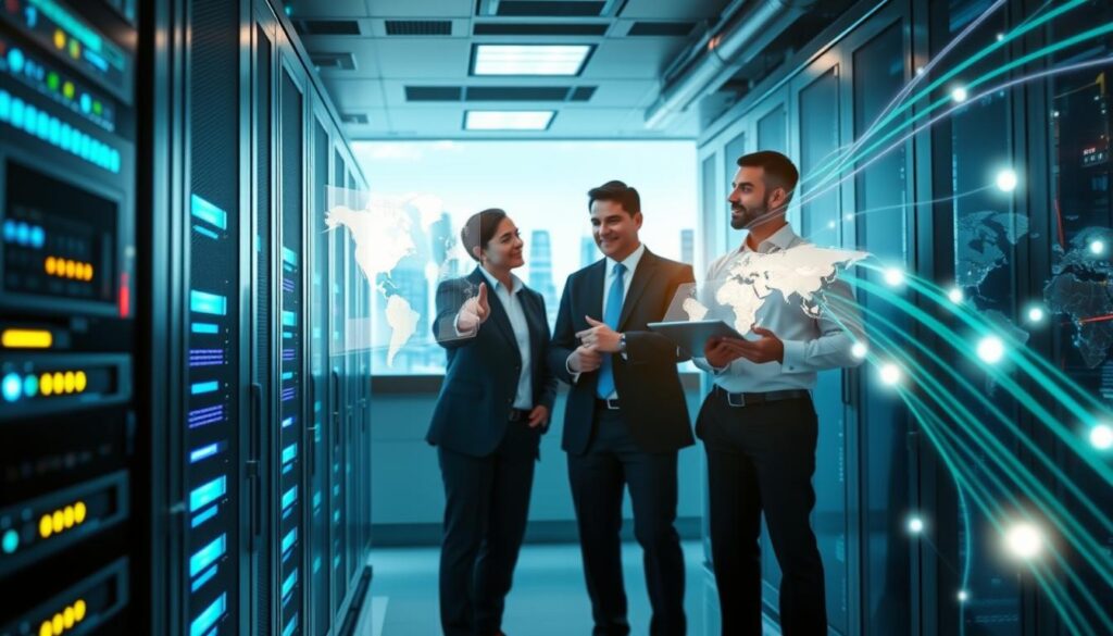 A high-tech data center showcasing the concept of data localization, emphasizing the importance of carrier data and analytics. In the foreground, a sleek server rack with glowing lights, representing the storage of localized data. The middle layer features professionals in business attire discussing data privacy, pointing at digital maps highlighting localized data regions. The background shows a city skyline, symbolizing connectivity and infrastructure, while illuminated data streams visualizing secure data flows traverse the image. The setting is brightly lit with soft blue and green tones, creating a futuristic atmosphere. Capture the scene with a slightly elevated angle, allowing for a dynamic view of both the professionals and the data center environment. Ensure the overall mood conveys a sense of security and innovation. A high-tech data center showcasing the concept of data localization, emphasizing the importance of carrier data and analytics. In the foreground, a sleek server rack with glowing lights, representing the storage of localized data. The middle layer features professionals in business attire discussing data privacy, pointing at digital maps highlighting localized data regions. The background shows a city skyline, symbolizing connectivity and infrastructure, while illuminated data streams visualizing secure data flows traverse the image. The setting is brightly lit with soft blue and green tones, creating a futuristic atmosphere. Capture the scene with a slightly elevated angle, allowing for a dynamic view of both the professionals and the data center environment. Ensure the overall mood conveys a sense of security and innovation.