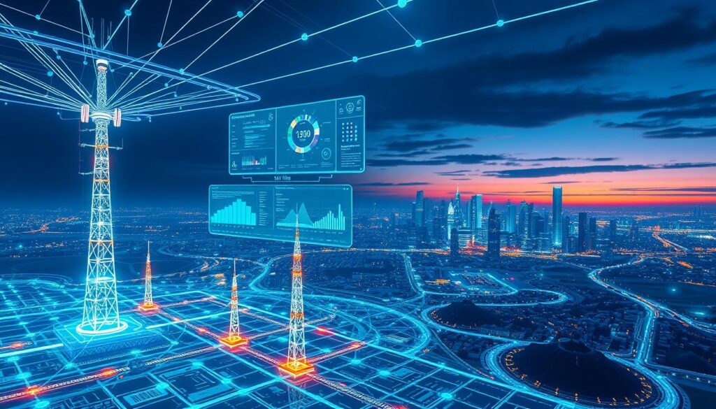 A high-tech digital twin representation of a telecom network, showcasing intricate, glowing circuit patterns and interconnected nodes. In the foreground, a detailed virtual model of a cityscape with towers and antennae, symbolizing network planning. The middle layer features holographic interfaces displaying data analytics and monetization metrics in real time. In the background, a futuristic skyline under a twilight sky with dynamic light trails illustrating connectivity and data flow. The scene is illuminated with a blend of neon blue and green lighting, creating a sleek, innovative atmosphere. The angle is slightly elevated, providing a comprehensive view of the digital landscape, evoking a sense of progress and technological advancement. No text or annotations present.