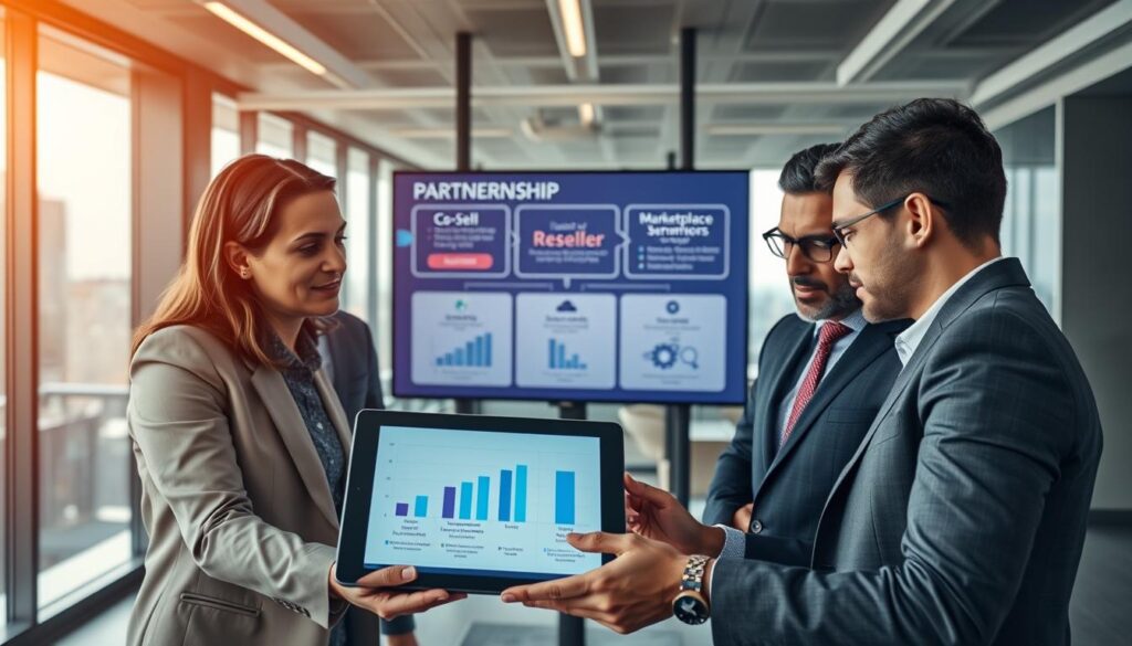 A modern office environment showcasing a strategic partnership meeting between telecommunications executives and hyperscaler representatives. In the foreground, a diverse group of four professionals in business attire engage in a discussion over a digital tablet displaying partnership strategies. The middle layer features a large digital screen illustrating graphs and partnership tiers, emphasizing co-sell, reseller, and marketplace strategies. The background shows a sleek, contemporary workspace with large windows and a cityscape view, bathed in warm, natural light to create an inviting atmosphere. The composition captures a collaborative spirit, reflecting innovation and a forward-thinking approach in technology partnerships. The lens focuses on the group, blurring the background slightly for emphasis. A modern office environment showcasing a strategic partnership meeting between telecommunications executives and hyperscaler representatives. In the foreground, a diverse group of four professionals in business attire engage in a discussion over a digital tablet displaying partnership strategies. The middle layer features a large digital screen illustrating graphs and partnership tiers, emphasizing co-sell, reseller, and marketplace strategies. The background shows a sleek, contemporary workspace with large windows and a cityscape view, bathed in warm, natural light to create an inviting atmosphere. The composition captures a collaborative spirit, reflecting innovation and a forward-thinking approach in technology partnerships. The lens focuses on the group, blurring the background slightly for emphasis.