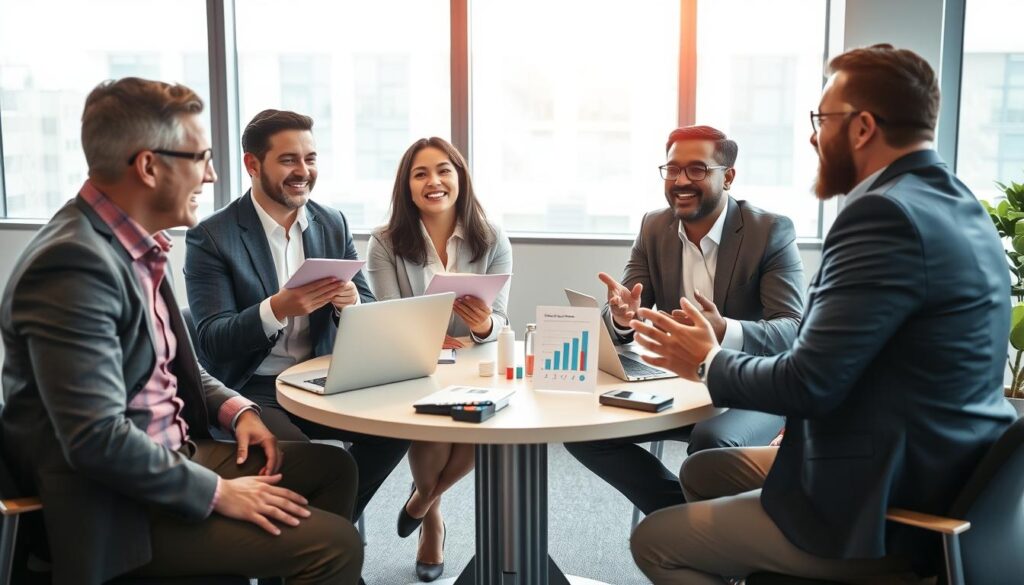 A professional mentoring session in a modern telecom office setting. In the foreground, a diverse group of three professionals, two men and one woman, are engaged in animated discussion, all dressed in smart business attire. The women has a notepad in hand while one man gestures with his hands, expressing ideas passionately. In the middle, a round table with laptops, telecom devices, and charts displaying growth metrics suggests a collaborative environment. The background features a large window letting in bright, natural light that creates a vibrant and optimistic atmosphere. Soft, warm lighting highlights the group, reflecting a sense of support and encouragement. The image captures the essence of mentorship, growth, and collaboration in the telecom industry. A professional mentoring session in a modern telecom office setting. In the foreground, a diverse group of three professionals, two men and one woman, are engaged in animated discussion, all dressed in smart business attire. The women has a notepad in hand while one man gestures with his hands, expressing ideas passionately. In the middle, a round table with laptops, telecom devices, and charts displaying growth metrics suggests a collaborative environment. The background features a large window letting in bright, natural light that creates a vibrant and optimistic atmosphere. Soft, warm lighting highlights the group, reflecting a sense of support and encouragement. The image captures the essence of mentorship, growth, and collaboration in the telecom industry.