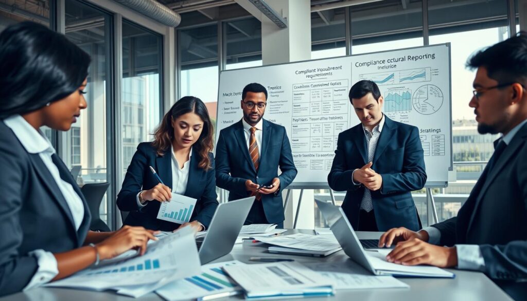 A professional office setting focusing on compliance and reporting, featuring a diverse group of business professionals in business attire engaged in a discussion over documents and laptops, surrounded by charts and graphs illustrating broadband data. In the foreground, a woman points to a chart on her laptop, while a man takes notes, looking intently at the screen. In the middle ground, a whiteboard filled with compliance requirements and timelines stands prominently. The background includes a modern office with large windows allowing natural light to illuminate the scene, casting soft shadows. The mood is collaborative and focused, conveying a sense of urgency and professionalism in the compliance reporting process. The angle of the shot is slightly elevated to capture the dynamic interactions.