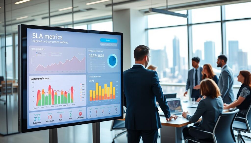 A sleek, modern SLA metrics dashboard visualization on a digital screen within a bright, professional office setting. The foreground features interactive graphs and charts in vibrant colors, showcasing key performance indicators (KPIs) related to migrations, runbooks, and customer references, with detailed data points clearly displayed. In the middle ground, a diverse group of professionals in business attire are collaborating around a conference table, analyzing the dashboard with focused expressions. The background reveals large windows with a city skyline, allowing natural light to illuminate the space, creating a dynamic and engaging atmosphere. The overall composition highlights a sense of innovation and teamwork in a corporate environment, perfect for illustrating advanced enterprise network metrics. A sleek, modern SLA metrics dashboard visualization on a digital screen within a bright, professional office setting. The foreground features interactive graphs and charts in vibrant colors, showcasing key performance indicators (KPIs) related to migrations, runbooks, and customer references, with detailed data points clearly displayed. In the middle ground, a diverse group of professionals in business attire are collaborating around a conference table, analyzing the dashboard with focused expressions. The background reveals large windows with a city skyline, allowing natural light to illuminate the space, creating a dynamic and engaging atmosphere. The overall composition highlights a sense of innovation and teamwork in a corporate environment, perfect for illustrating advanced enterprise network metrics.