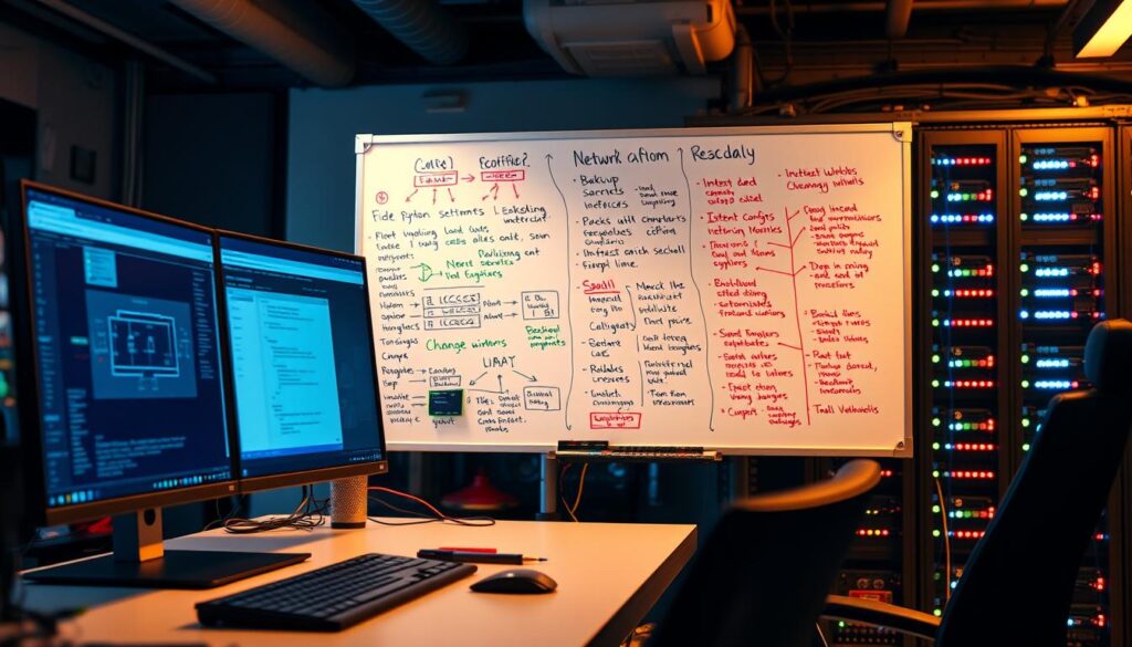 A detailed and visually rich representation of a "30-day network automation lab plan". In the foreground, display a sleek desktop with multiple monitors showing a network diagram, Python scripts, and API calls in a modern workspace setting. In the middle layer, include a large whiteboard covered in schematic notes about backup configs, intent checks, change windows, and rollbacks, using colorful markers. In the background, depict a well-organized server rack with blinking LED lights, exuding a high-tech atmosphere. Use warm lighting to create a focused yet inviting mood, with a slight depth of field to add context. Capture the essence of a progressive technical lab environment suitable for telecom professionals honing their automation skills, emphasizing collaboration and innovation.