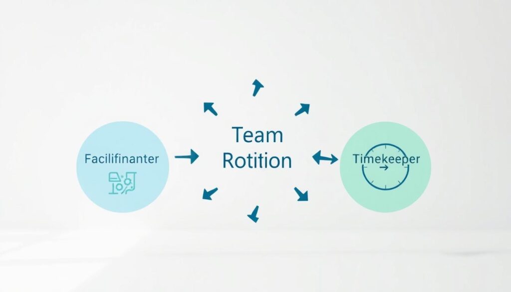 A detailed diagram illustrating team rotation roles, focusing on three main roles: facilitator, scribe, and timekeeper. In the foreground, include distinct sections for each role, using clear symbols or icons. The middle ground should feature connecting arrows to illustrate the flow of responsibilities among team members. In the background, incorporate a circular or cyclical design to symbolize the rotation of roles, complemented by subtle gears or cogs to represent teamwork and collaboration. Use soft, professional colors like blues and greens to evoke a sense of calm and productivity. The lighting should be bright but diffused, highlighting the clarity of the diagram without harsh shadows. Aim for a modern, clean aesthetic that conveys professionalism and an organized approach to team dynamics.
